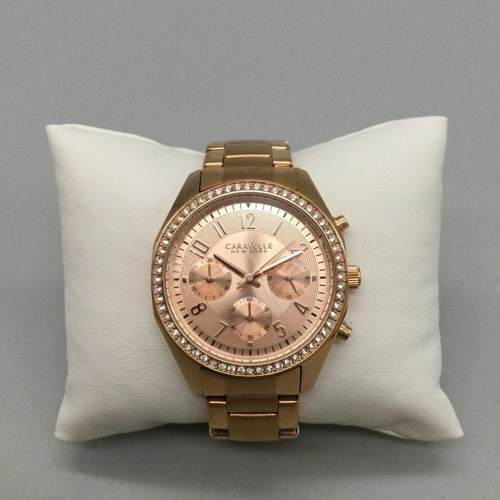 Caravelle New York Womens Watch 36mm Rose Gold Tone Crystals New Battery 6.5